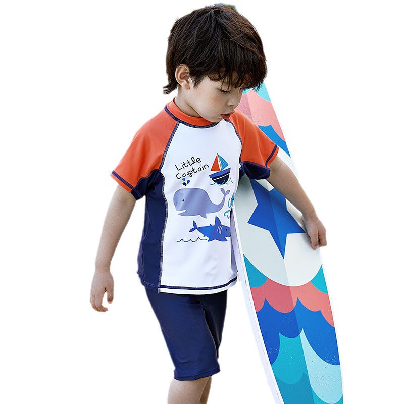 【Promesa】Little Captain Boy Two-Pieces Swimsuit (FREE Swim cap)