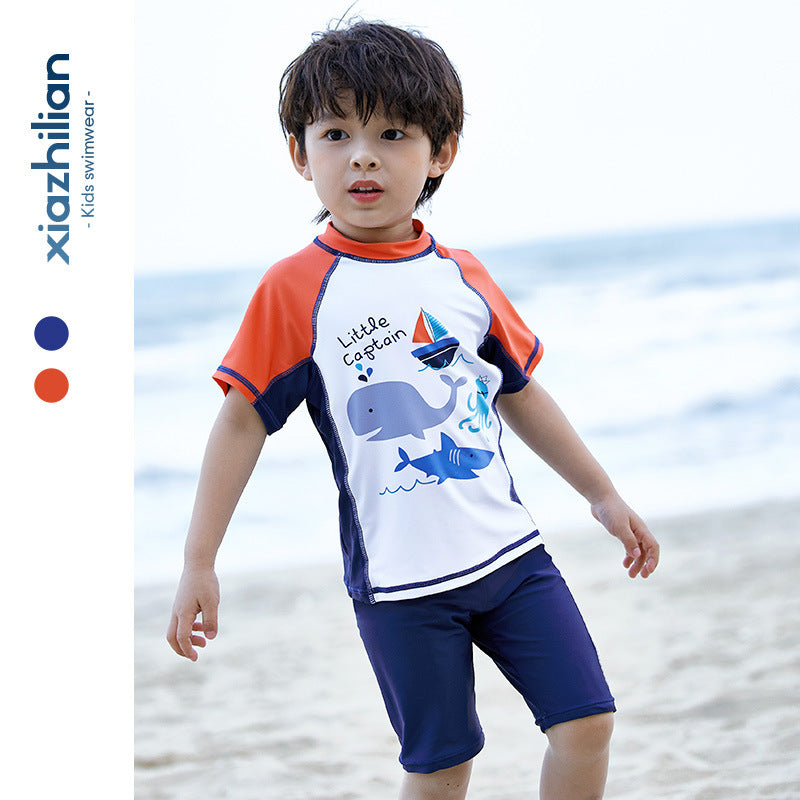 【Promesa】Little Captain Boy Two-Pieces Swimsuit (FREE Swim cap)