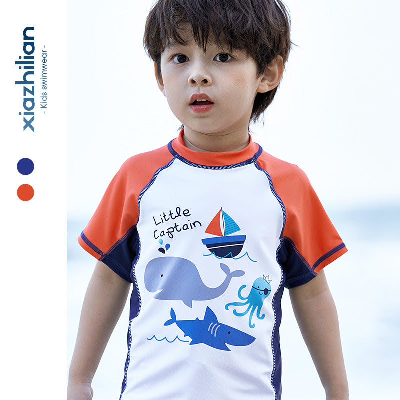 【Promesa】Little Captain Boy Two-Pieces Swimsuit (FREE Swim cap)
