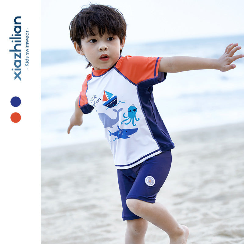 【Promesa】Little Captain Boy Two-Pieces Swimsuit (FREE Swim cap)