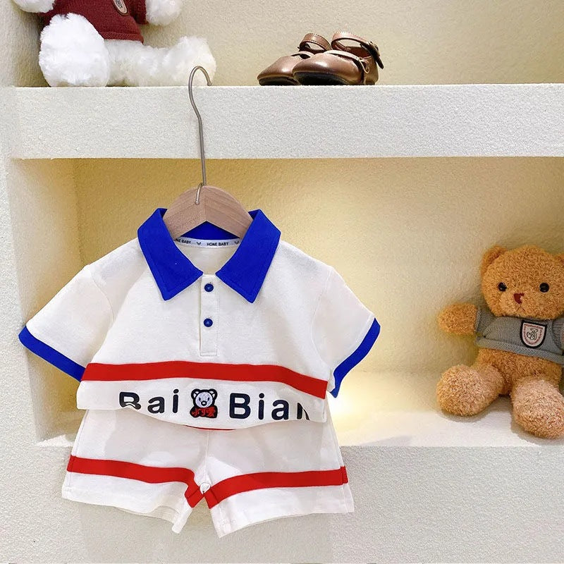 【Promesa】Cute Blue Red Bear Polo Shirt Set Wear