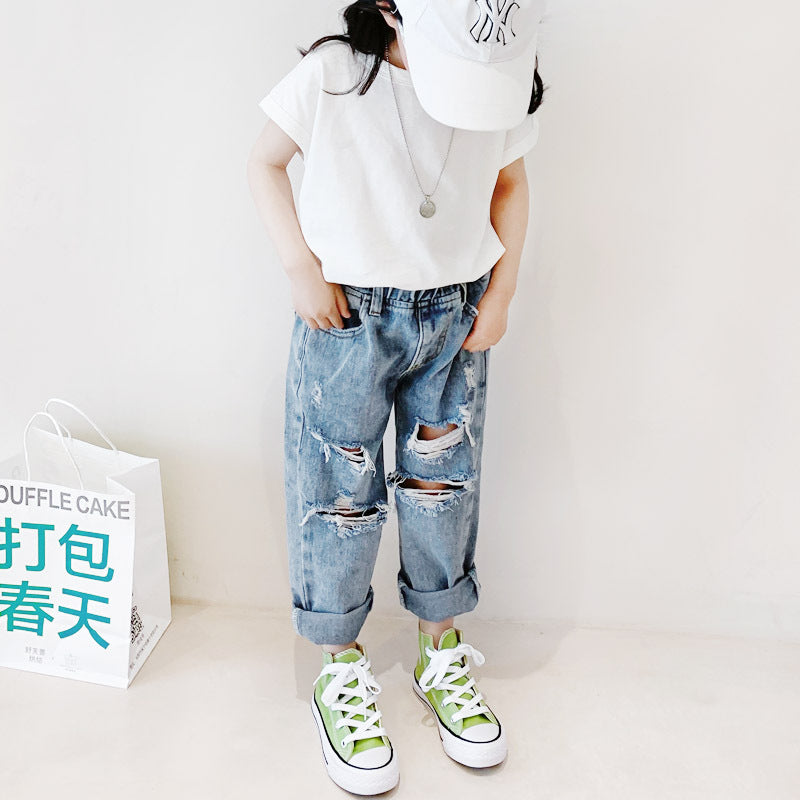儿童夏款日系破洞水洗牛仔裤 Kid Summer Ripped Jeans