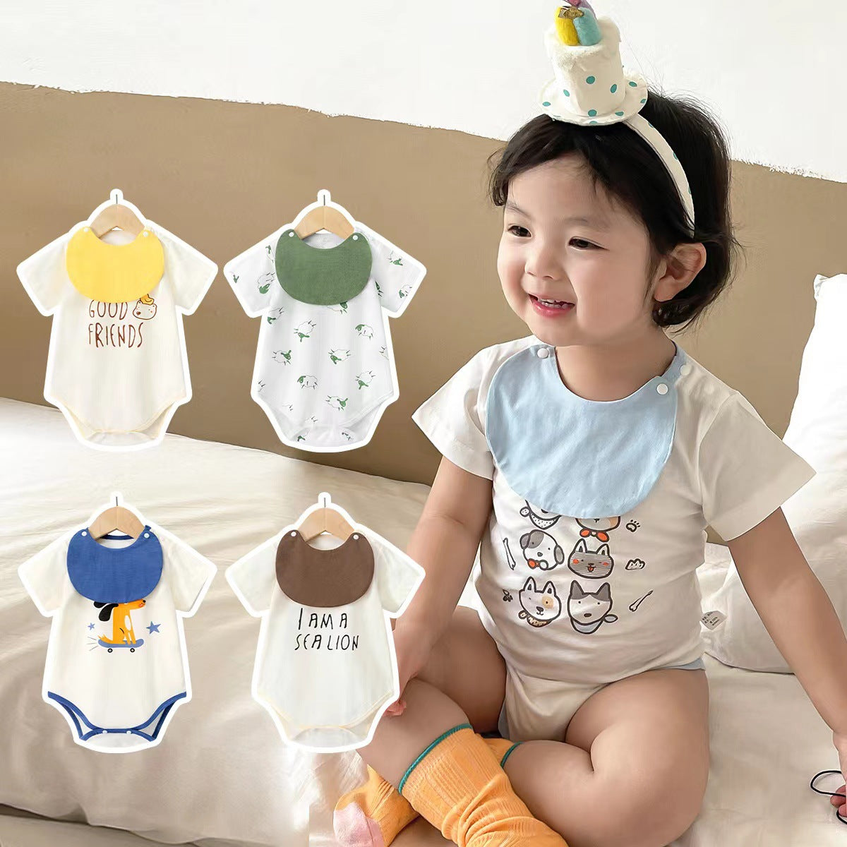 【Promesa】100% Cotton Cute Pattern Romper With Bibs