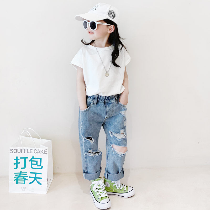 儿童夏款日系破洞水洗牛仔裤 Kid Summer Ripped Jeans