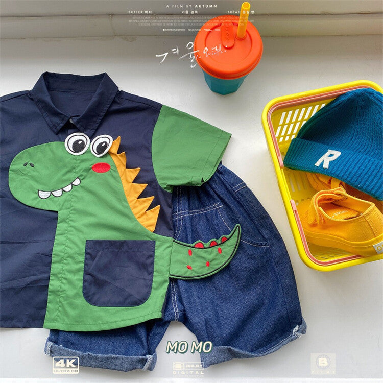2023 Cute Dinosaur Top with Short Jeans Set wear