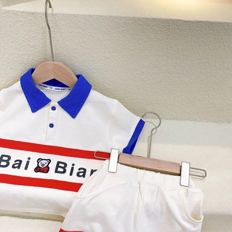 【Promesa】Cute Blue Red Bear Polo Shirt Set Wear