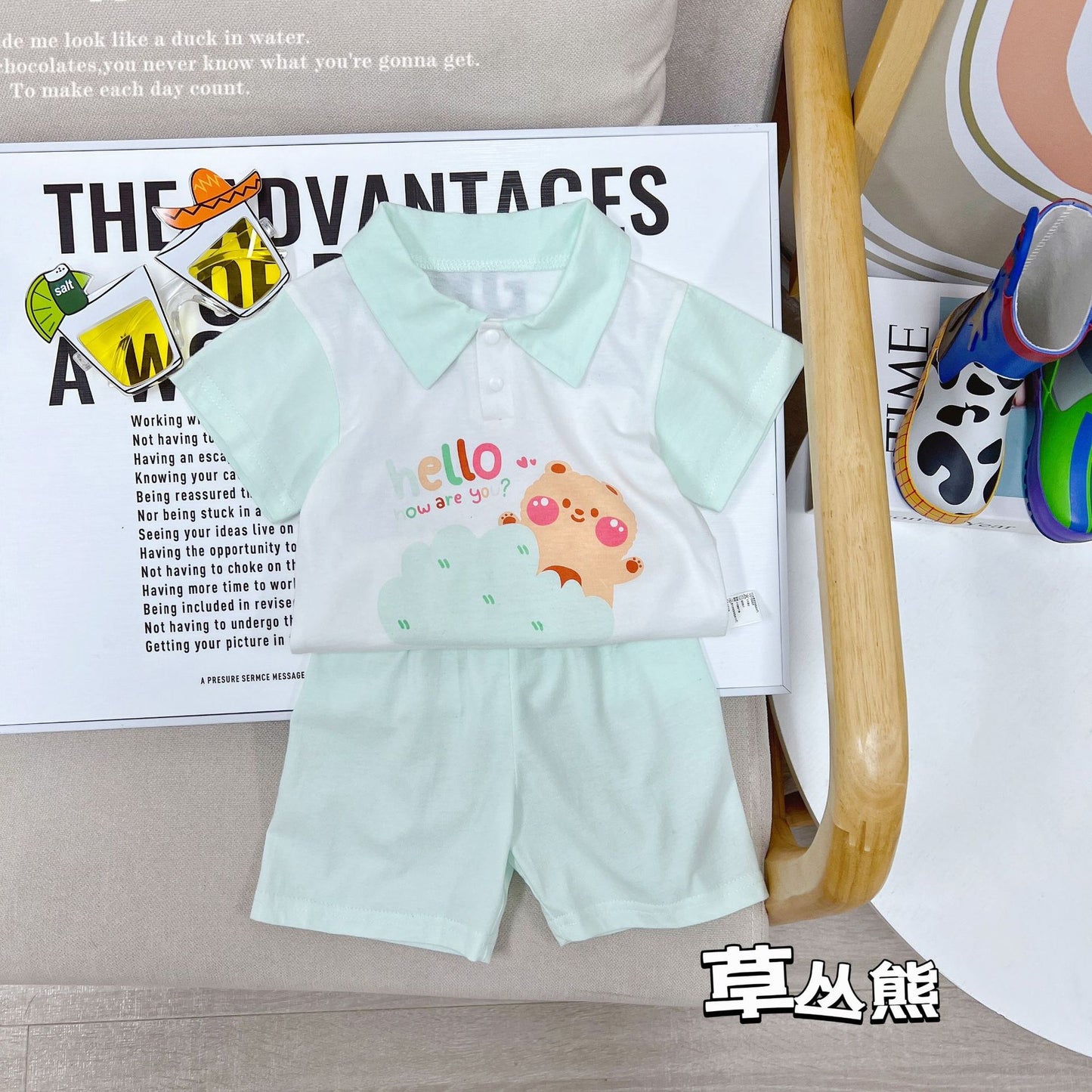 【Promesa】100% Cotton Collar Short Sleeves Short Pants Set wear