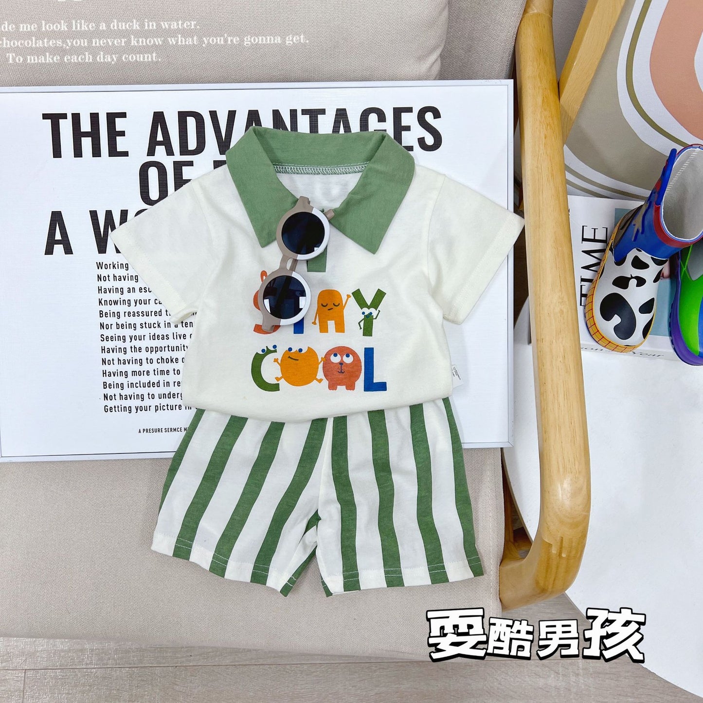 【Promesa】100% Cotton Collar Short Sleeves Short Pants Set wear
