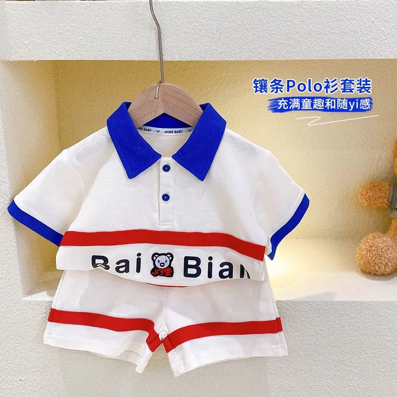 【Promesa】Cute Blue Red Bear Polo Shirt Set Wear